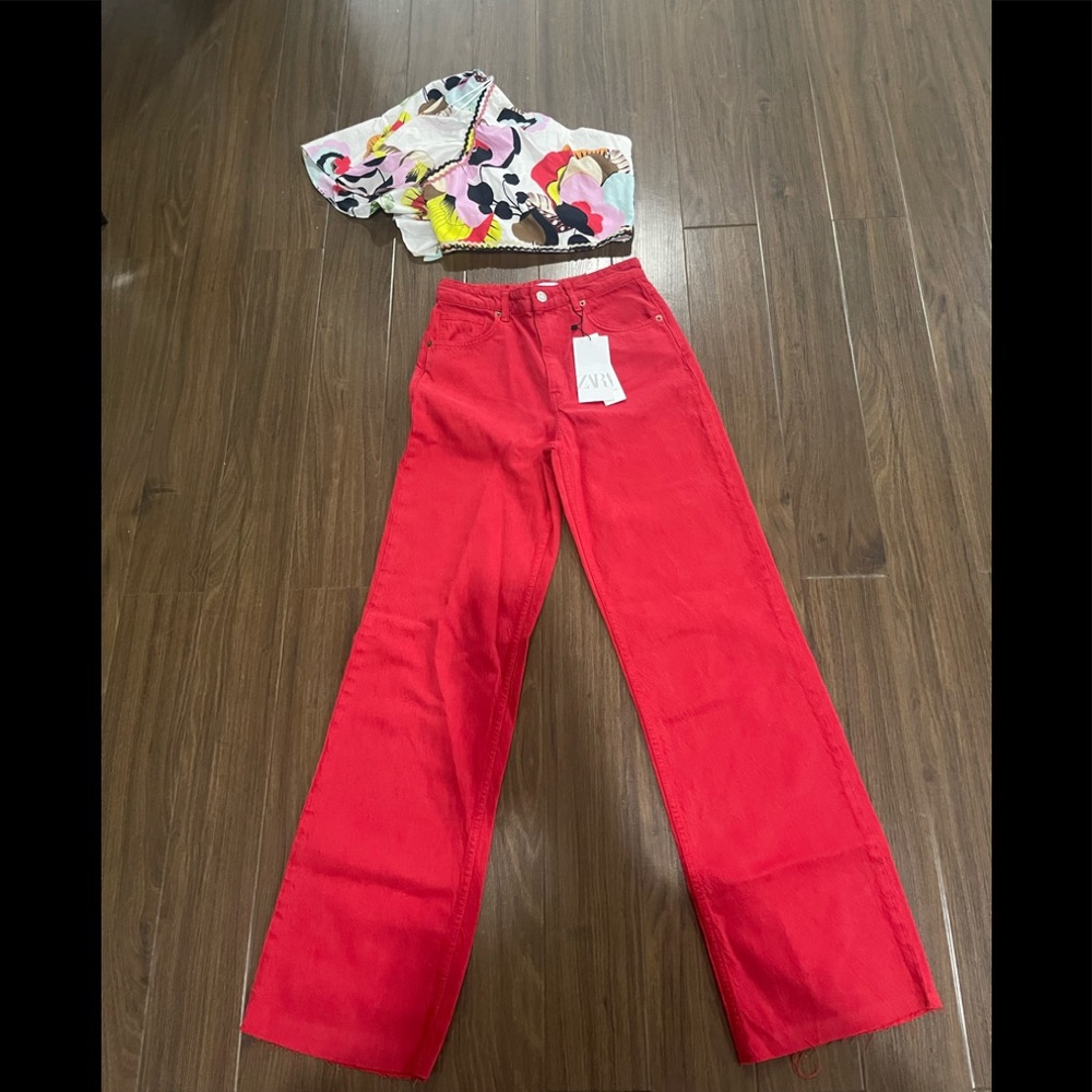 Zara red wide leg blogger jeans